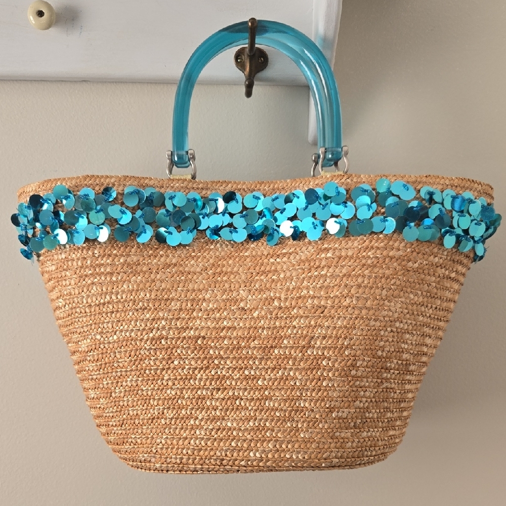 Woven Tan Tote Beach Bag with Blue Sequin Accent Plastic Handles Snap Closure